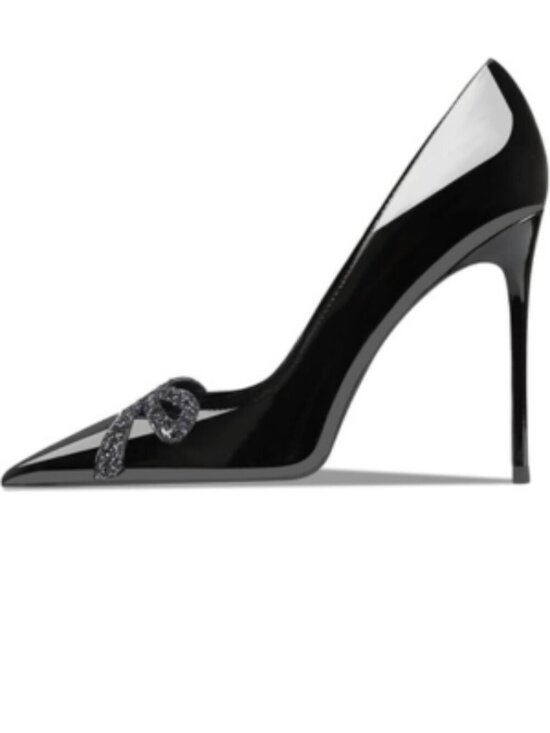 Shoes - Women's Black Pointed Butterfly Decoration Shallow 3.9in Stiletto Pumps Heels